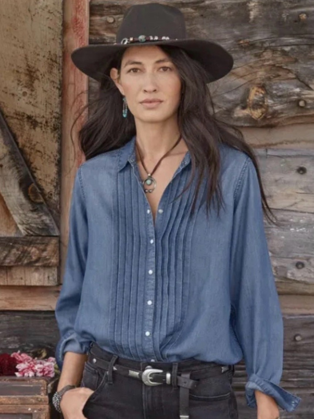 Sundance Pearl Snap Tessa Chambray Button Down Pintuck front Blouse Medium